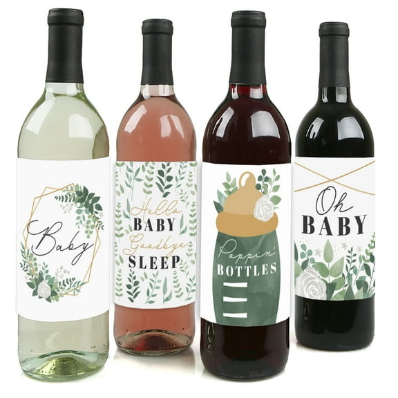 Big Dot of Happiness Boho Botanical Baby - Greenery Baby Shower Decorations for Women and Men - Wine Bottle Label Stickers - Set of 4