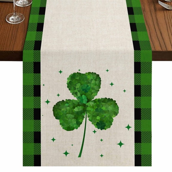 Table Runners 120 Inches Long Dress Scarves, St. Patrick's Day Farmhouse Coffee/Dining/Kitchen Table Runner for Living Room, Green Shamrock Leaves Love Plaid Beige 13x120 Inch