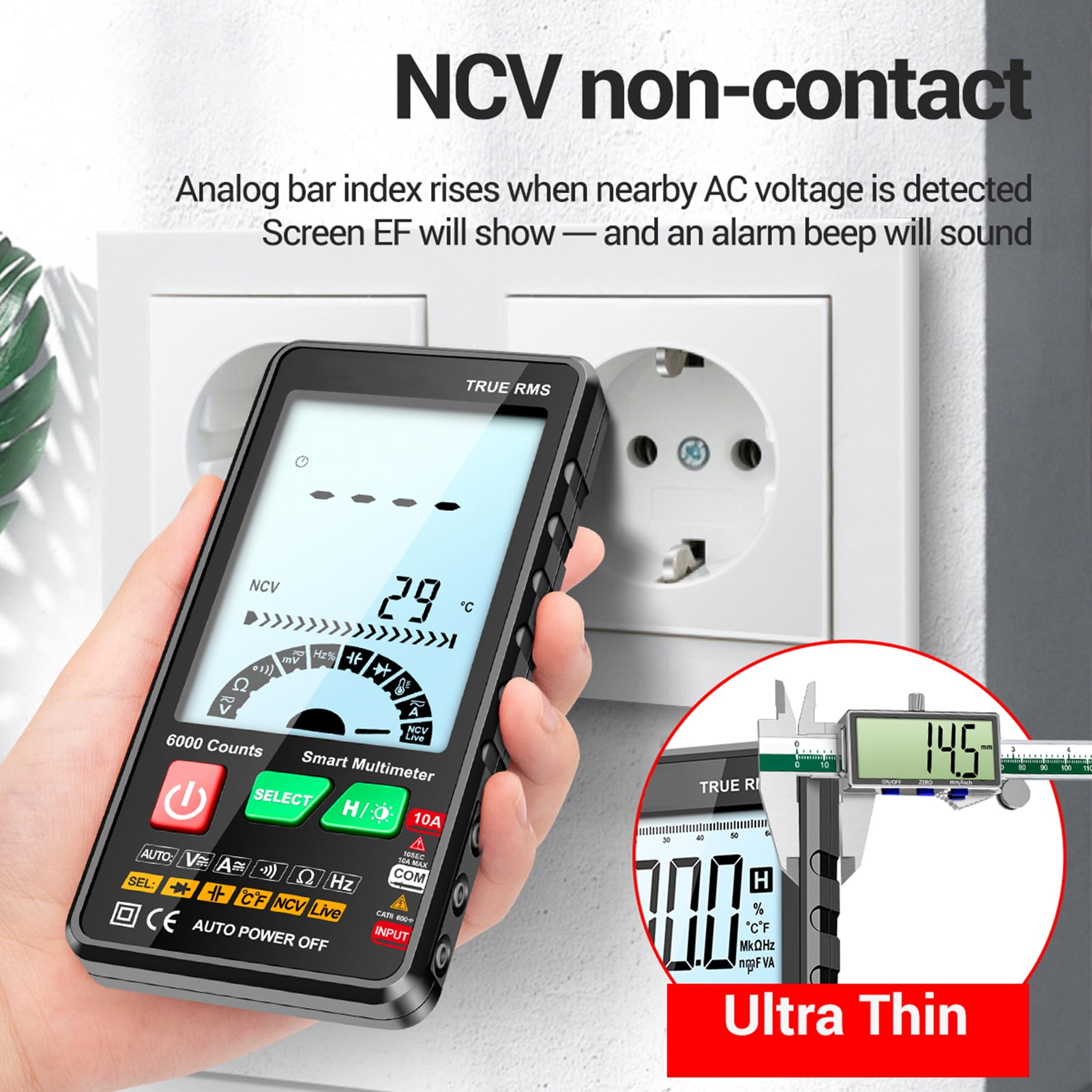 Elowen Multimeter Tester 616 Smart Digital Multimeter Auto Range 6,000 Counts NCV Universal Meter True RMS Handheld Multifunctional Tester Voltmeter Ammeter with Backlight Flashlight AC/DC