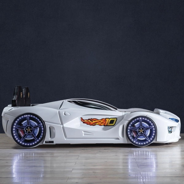 GTM Twin Race Car Bed for Kids with LED Headlights, Sound FX, Remote Control and Realistic Design, Sturdy and Fun Sleep Solution