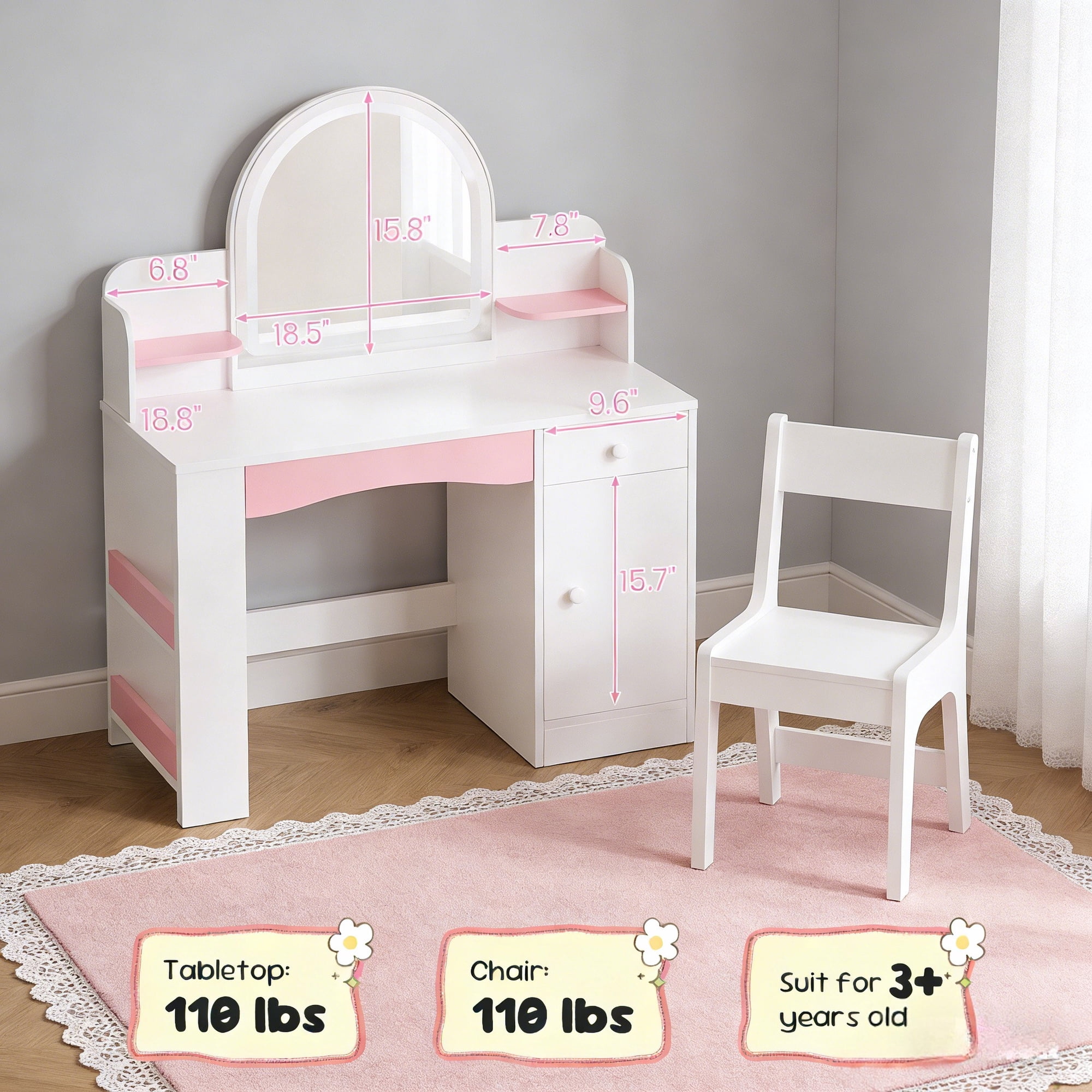 Haewon 35" Kids White Vanity with Lighted Mirror & Charging Station, Kids Vanity Table and Chair Set with Storage Cabinet & Drawers, Vanity for Kids, White