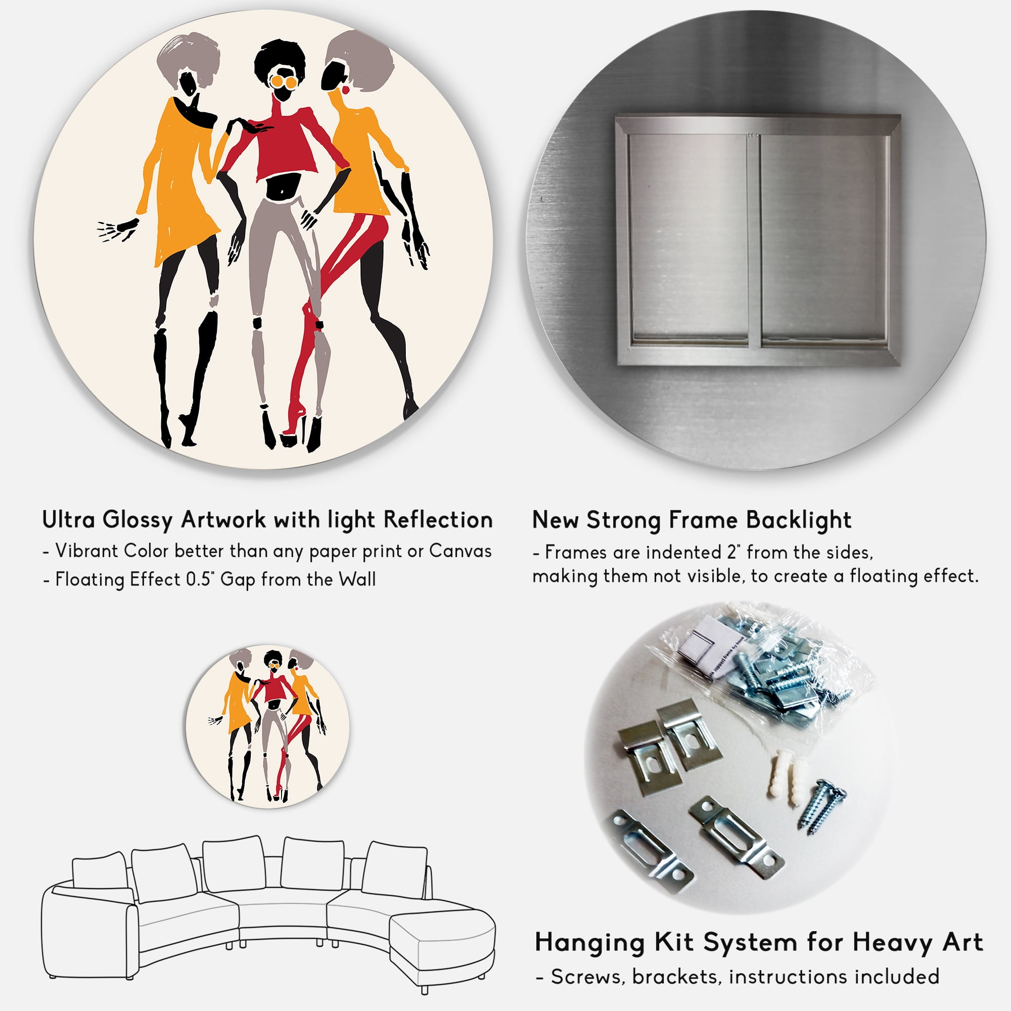 Designart 'African American Women Silhouettes Red and Yellow II' Modern Circle Metal Wall Art 11x11 - Disc of 11