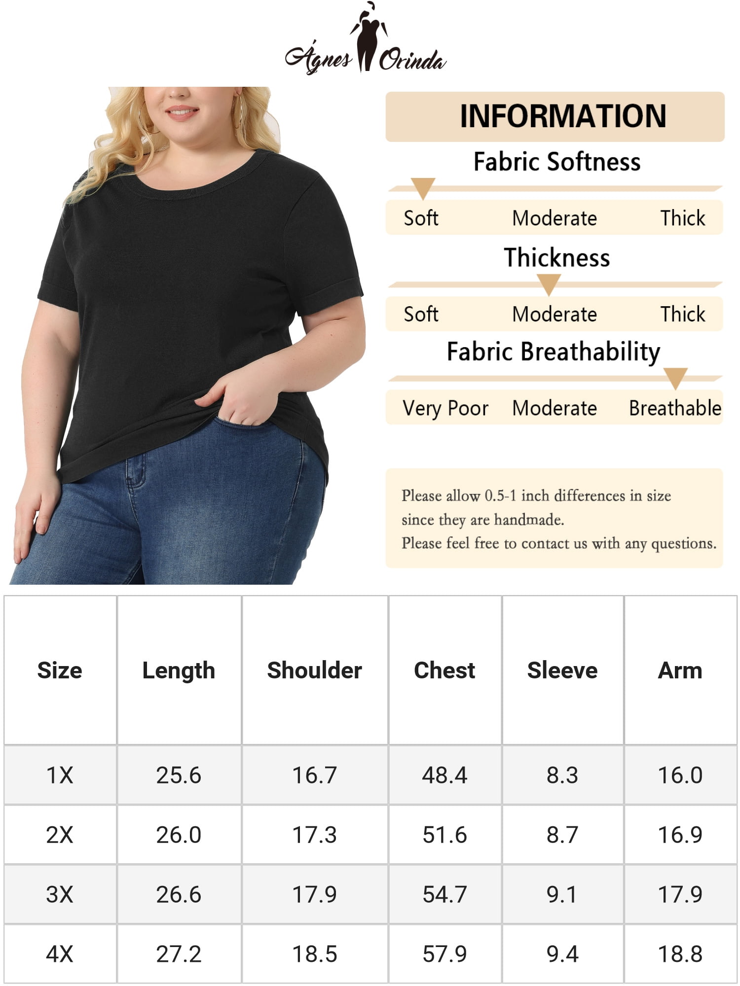 Unique Bargains Women Plus Size Tops Basic Round Neck Short Sleeve Knit Tee Blouses 4X Black