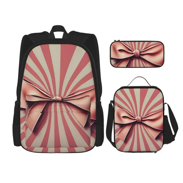 Kdxio Retro Bow Print School Study Combo Set Backpack with Lunch Bag Pencil Case Oxford Lightweight Durable Travel Organization Kit