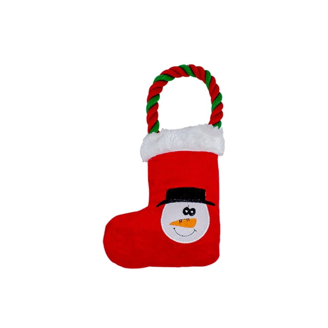 juguete para perro mordedera bota navideña chillona nieve importadora la merced Modelo 68026P-NVE, bota roja 17x5 cm con muñeco de nieve bordado, puño blanco de felpa y asa trenzada rojo/verde; vinil con relleno de delcron y sonido chillón, adecuada para juego y masticación de perros.