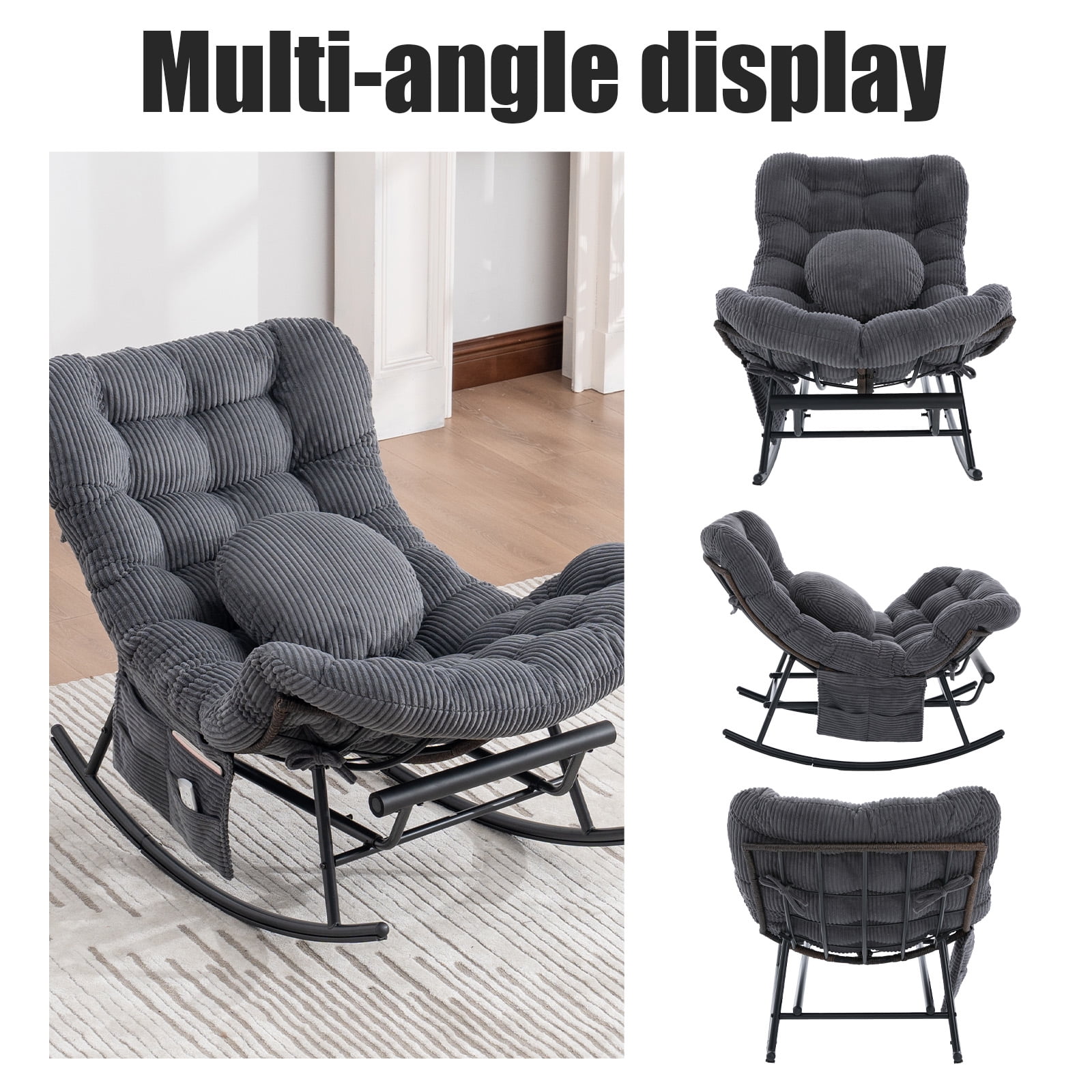 MOONMISS Outdoor Rocking Chair with Footrest, Indoor Oversized Comfort Reading Chair Cover with Cushion, Patio Rocking Chair Lounger, Dark Gray