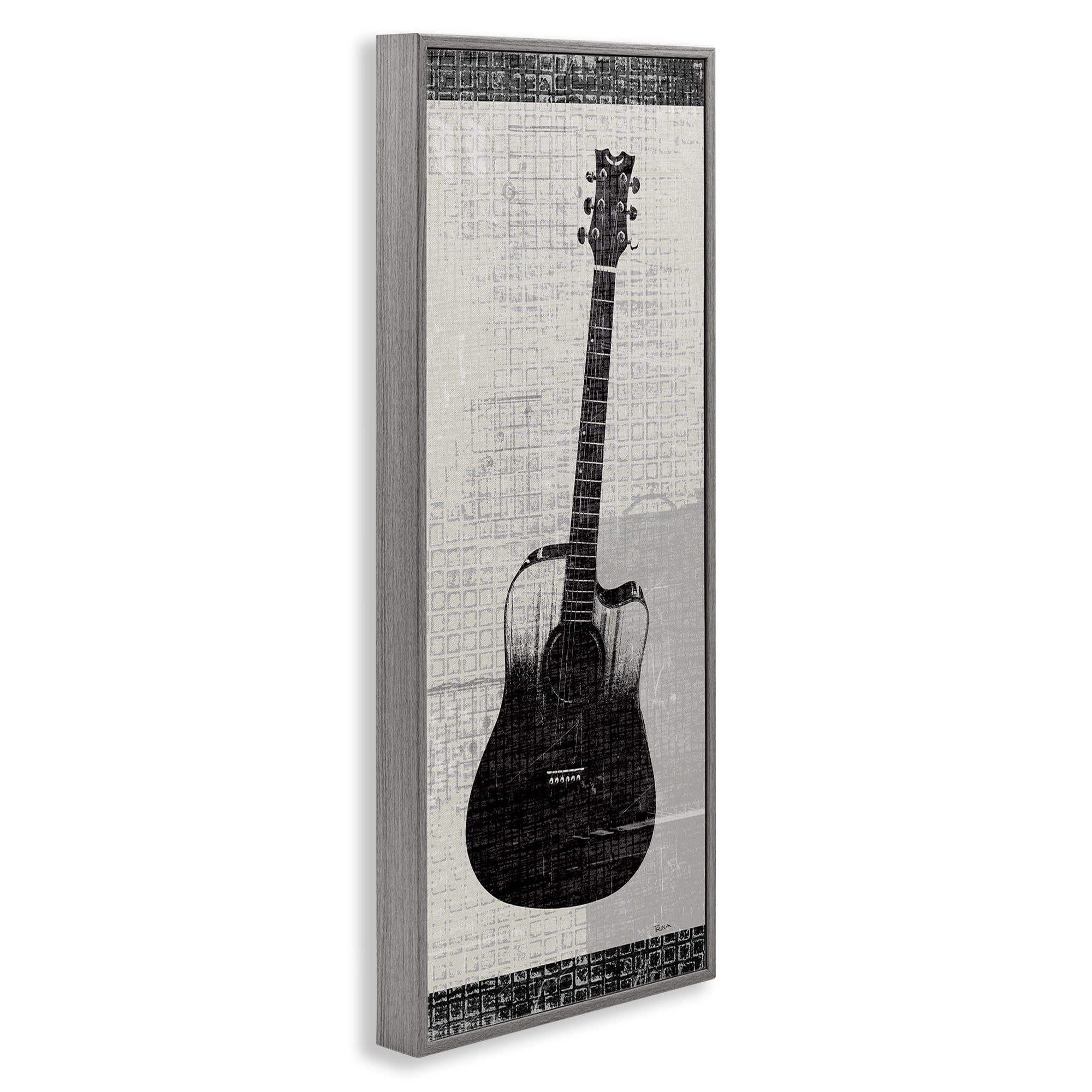 Stupell Industries Patterned Acoustic Guitar Performing Arts Painting Gray Framed Art Print Wall Art, 10 x 24