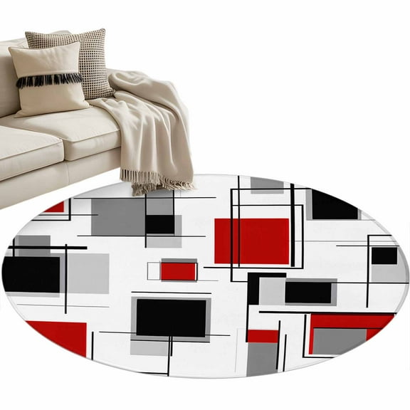 Red Grey Black Round Area Rug 3 FT, Small Kitchen Bathroom Mat, Geometric Abstract Art Modern Irregular Washable Indoor Outdoor Throw Runner Carpet Doormat for Table Shower Sofa Entryway