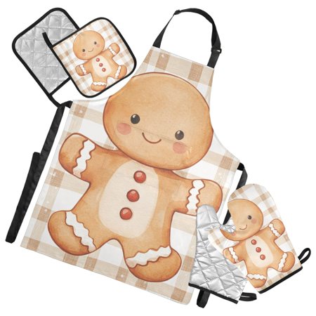 Plaid Background Gingerbread Man Cute Christmas Apron Set with Oven Mitts Pot Holders Set of 5 Kitchen Stuff Accessories