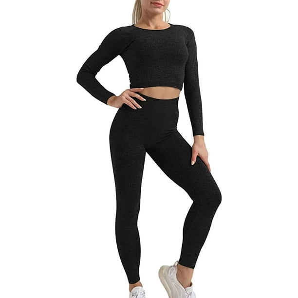 Women's 2 Piece Tracksuit Workout Outfits - Seamless High Waist Leggings  and Long Sleeve Crop Top Yoga Activewear Set - Walmart.com