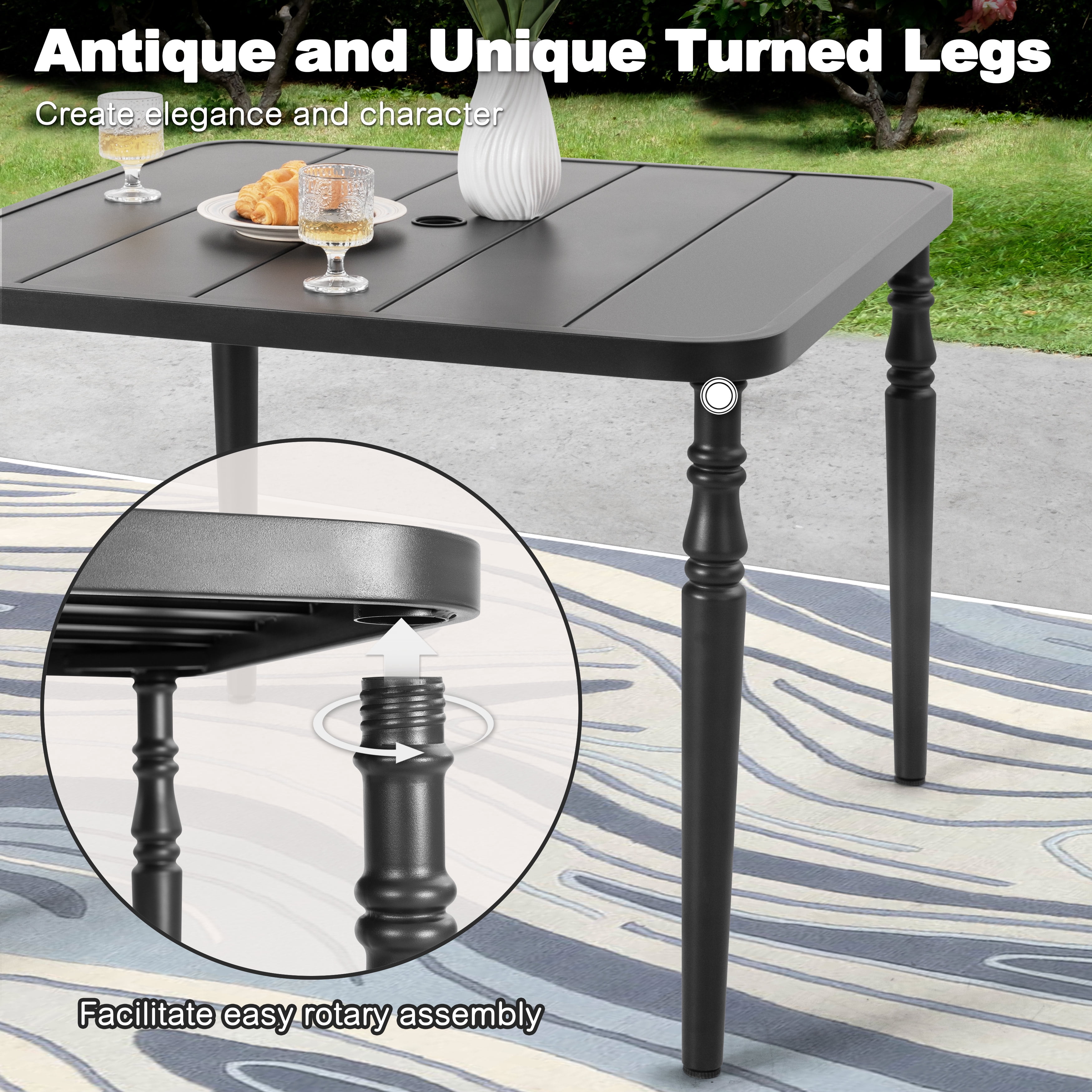 Nuu Garden 5-Piece Outdoor Dining Table Set, 37" Square Metal Table with Umbrella Hole and 4PCS C-Spring Motion Padded Textilene Metal Chairs. All-Weather Patio Outdoor Furniture, Light Grey&Black