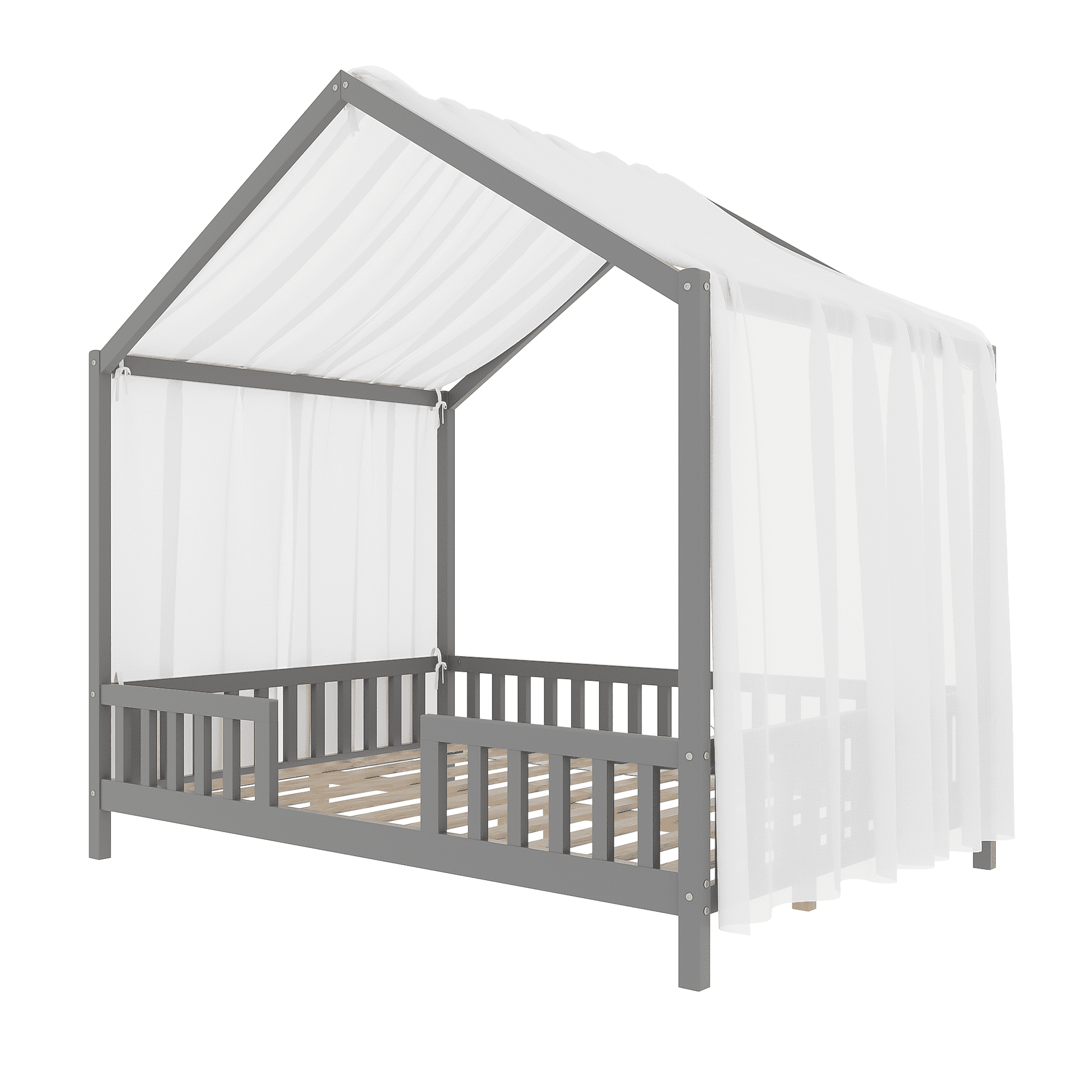 MODERNLUXE Full Size Montessori Floor Bed with Canopy,House Bed Frame with High Railings and Roof,Wood Tent Bed for Teens Girls & Boys,Grey