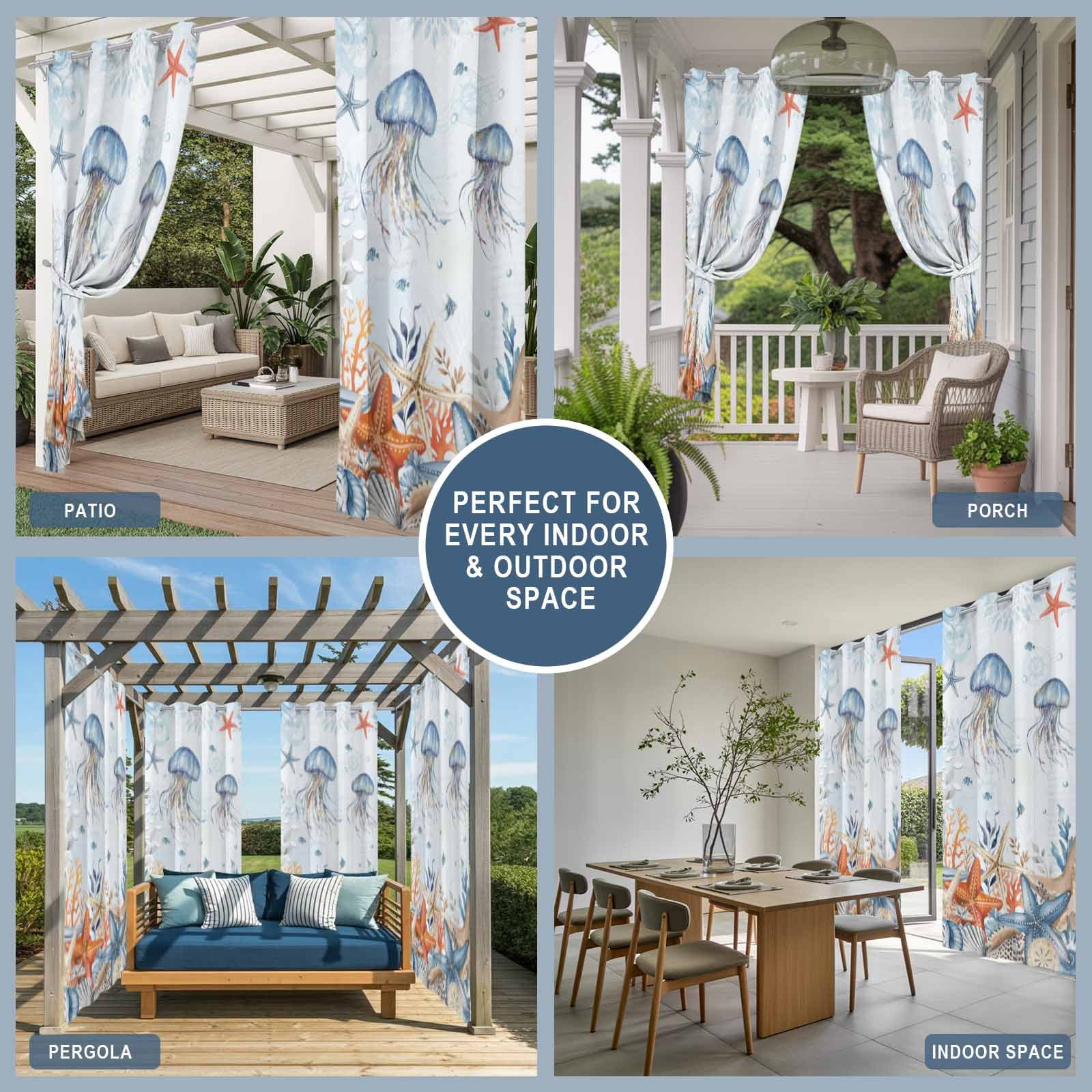 Oceans Marine Life Outdoor Curtains for Patio, Orange Blue Gradient Jellyfish Starfish Sunshade Privacy Drapes Grommet Waterproof Outside Curtains for Porch/Cabana/Balcony 54"x 108", 1 Panel