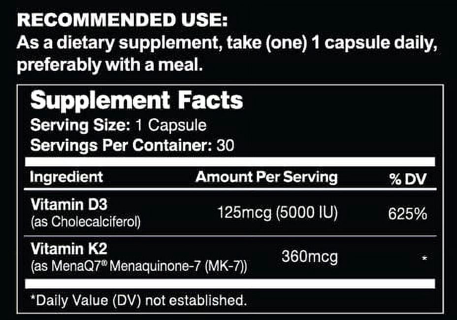 Leviathan Nutrition K2&D3 | 360mcg Vitamin K2 + 5000IU Vitamin D3 - Bone and Heart Health