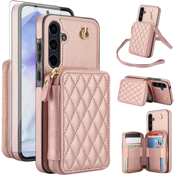 Compatible with Samsung Galaxy A35 5G Wallet Phone Case Tempered Glass Screen Protector Wrist Crossbody Strap Stand Credit Card Holder RFID Slot Cell Cover for A 35 35A A355G Women Girls Rose Gold