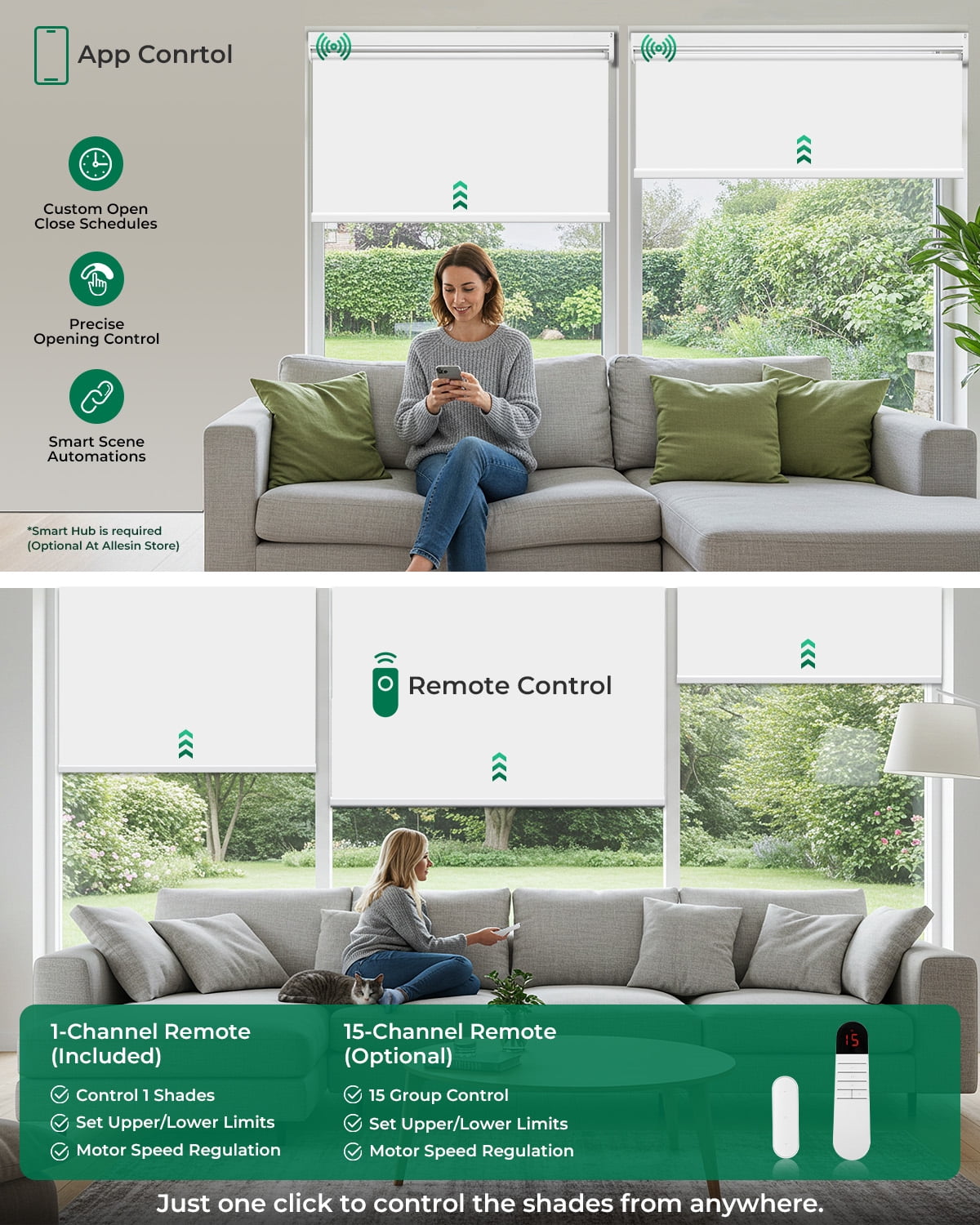 Allesin Motorized Roller Blinds with Remote Control for Windows, Blackout Automatic Smart Shades, Dry Battery Powered Electric Blind (White 34"W x 72"H)