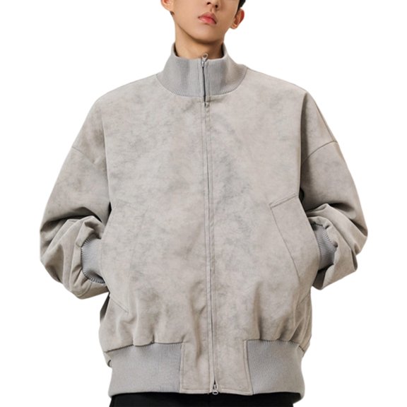 ZHOUCHANKIDS Distressed Leather Baseball Jacket Stand Collar Classic Short Coat Mens Outerwear for Fall Season Lightweight Style Motorcycle Jacket Streetwear Fashion Gray L