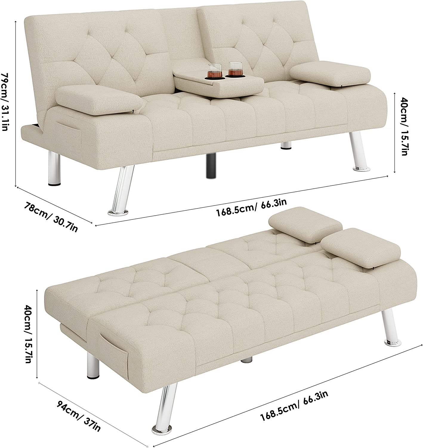 Homfa Upholstered Sofa Bed Couch, Convertible Futon Sleeper Sofa with Removable Armrests and 2 Cup Holders, Cream White - image 2 of 8