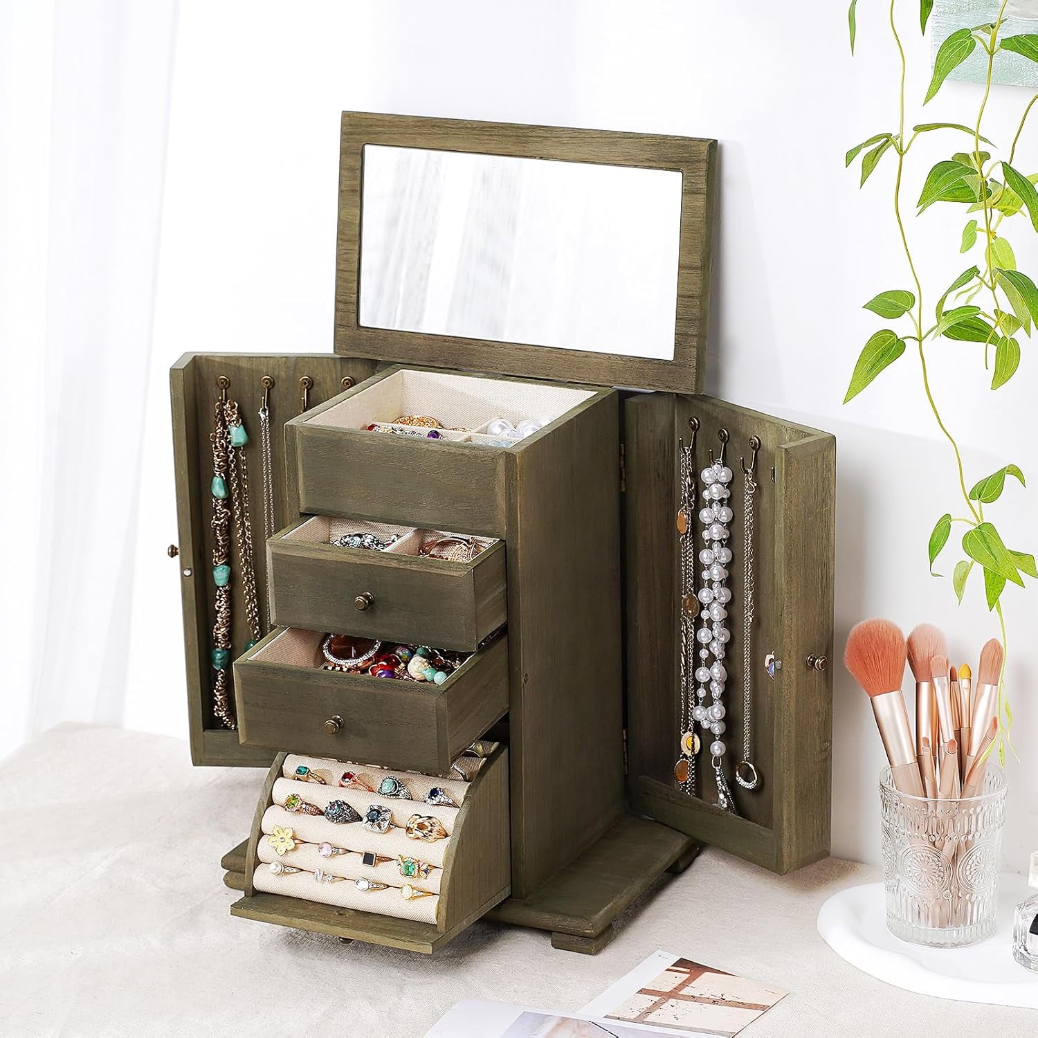 Sfugno Jewelry Box, 4 Layer Wooden Jewelry Boxes for Women, Jewelry Organizer Box Display for Rings Earrings Necklaces Bracelets,Weathered Gray