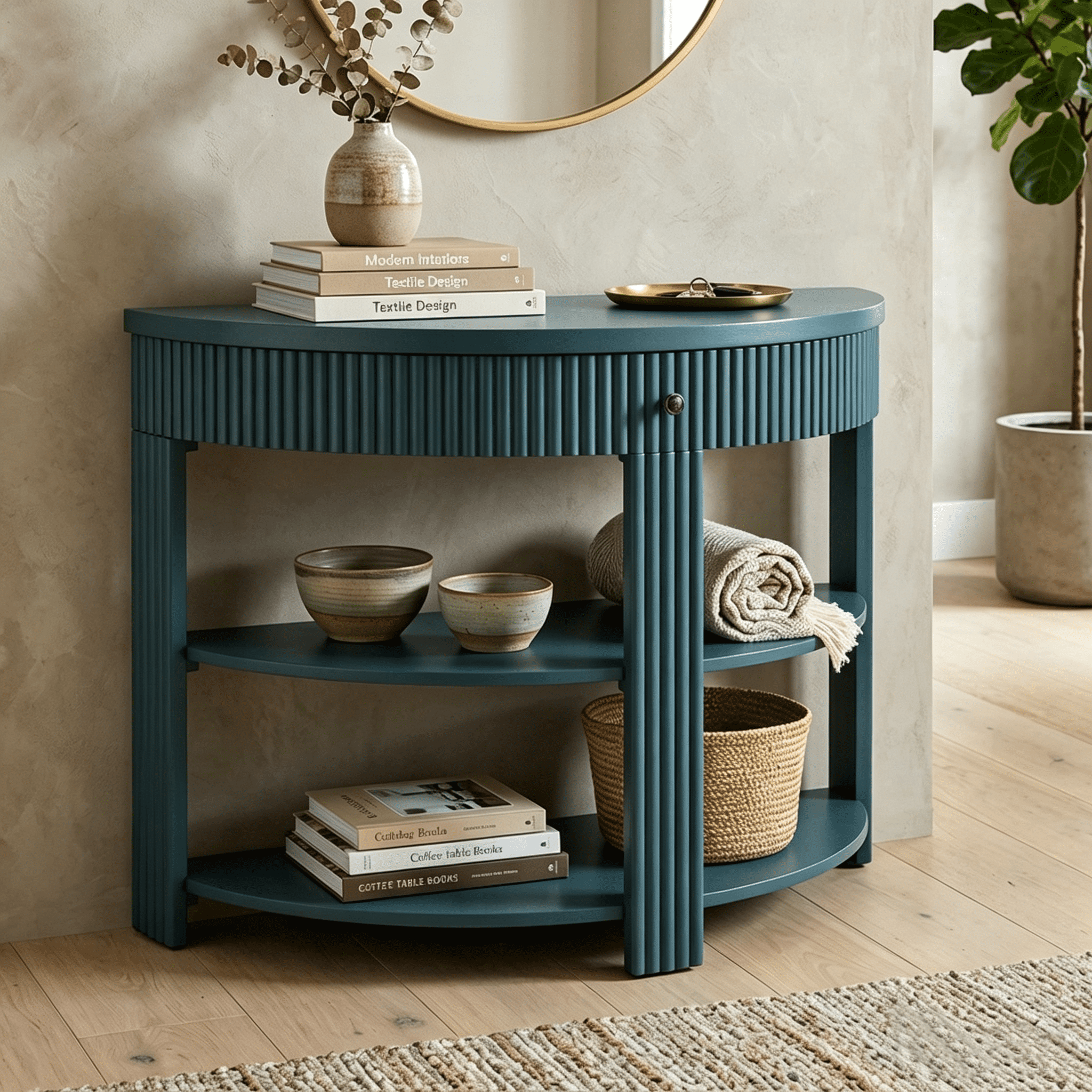 Aukfa 37" Fluted Half Moon Console Table with Drawer & Open Shelves, Entryway Accent Table for Living Room Hallway, Navy