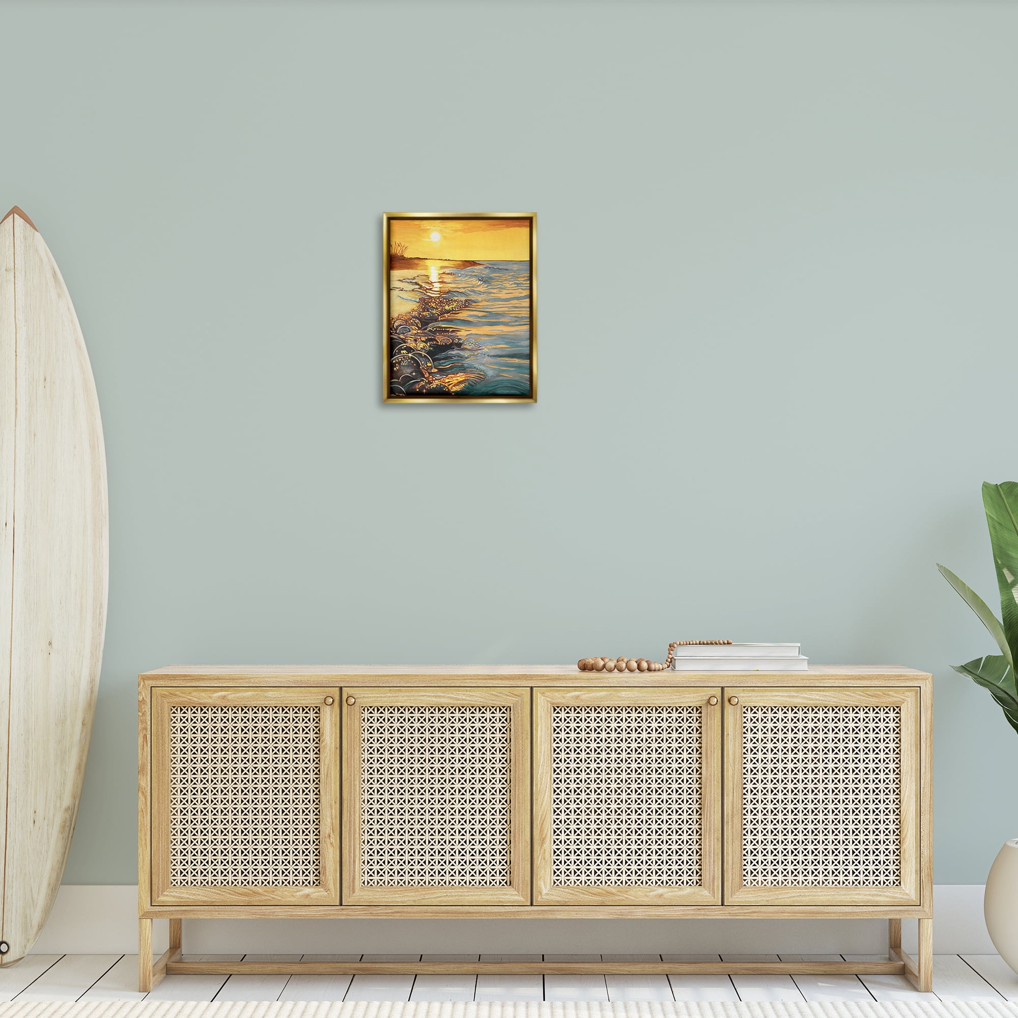 Stupell Industries Saltwater Beach Sunset Landscape Painting Gold Floater Framed Canvas Art Print Wall Art, 17 x 21