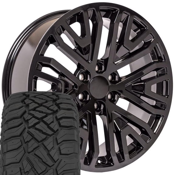 OE Wheels CV37 22 Inch Rims and Tires Fit Sierra 1500 Style 6x139.7 22x9 Gloss Black - Hollander 5906 - TerraMax RT 285/45-22 (Set of 4)
