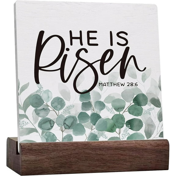 Easter He is Risen Ceramic Table Sign, Christian Desk Decor, He is Risen Easter Decor, Religious Bible Verse Easter Spring Ceramic Table Sign for Office Home Shelf Tabletop Decor