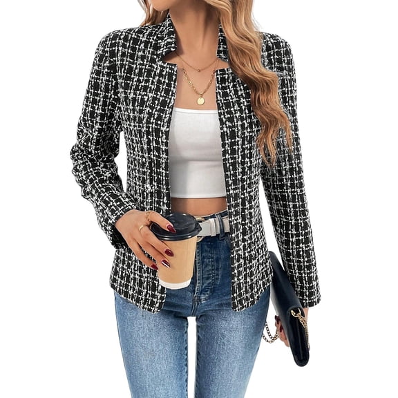 Women'S Plaid Blazer Jacket Warm Open Front Stand Collar Fully Lined Casual Fashion Work Coat Black & White XL