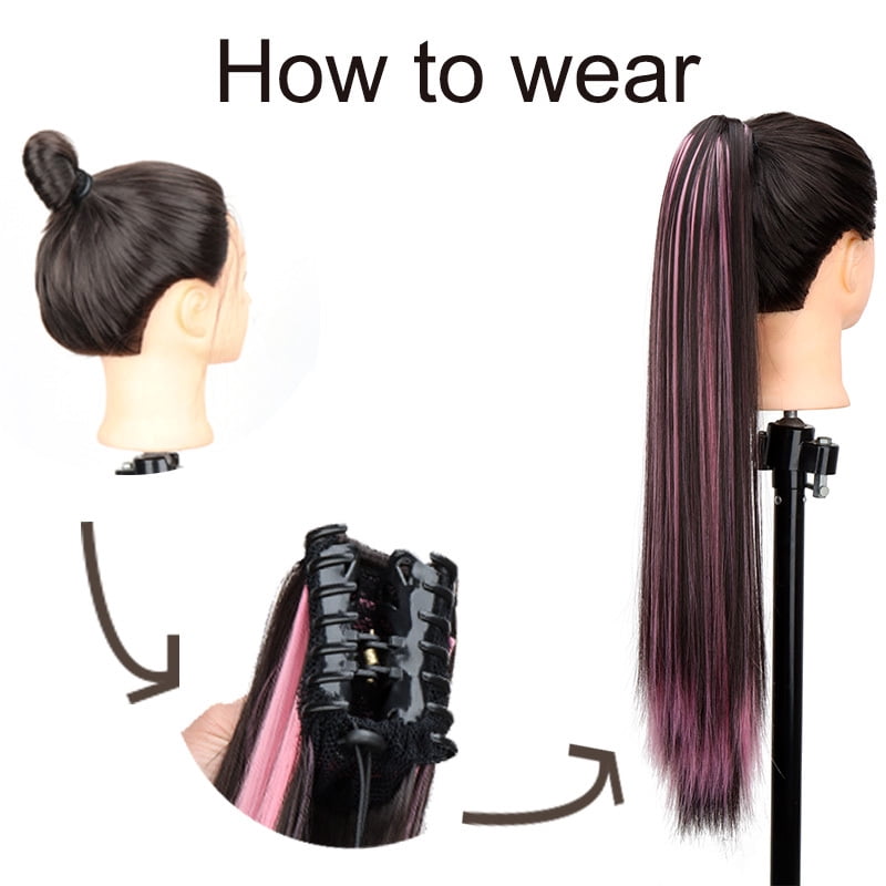 24Inch Synthetic Women's Claw Clip Ponytail Extension Highlighted Red Purple Straight Hair Heat Resistant for Daily Women
