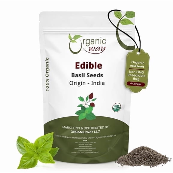 Organic Way Edible Basil Seeds for Cooking | Smoothies & Health Benefits, Fresh, Nutritious, and Versatile | Rich - Quality Organic Basil Seeds (4 Ounce Pack)