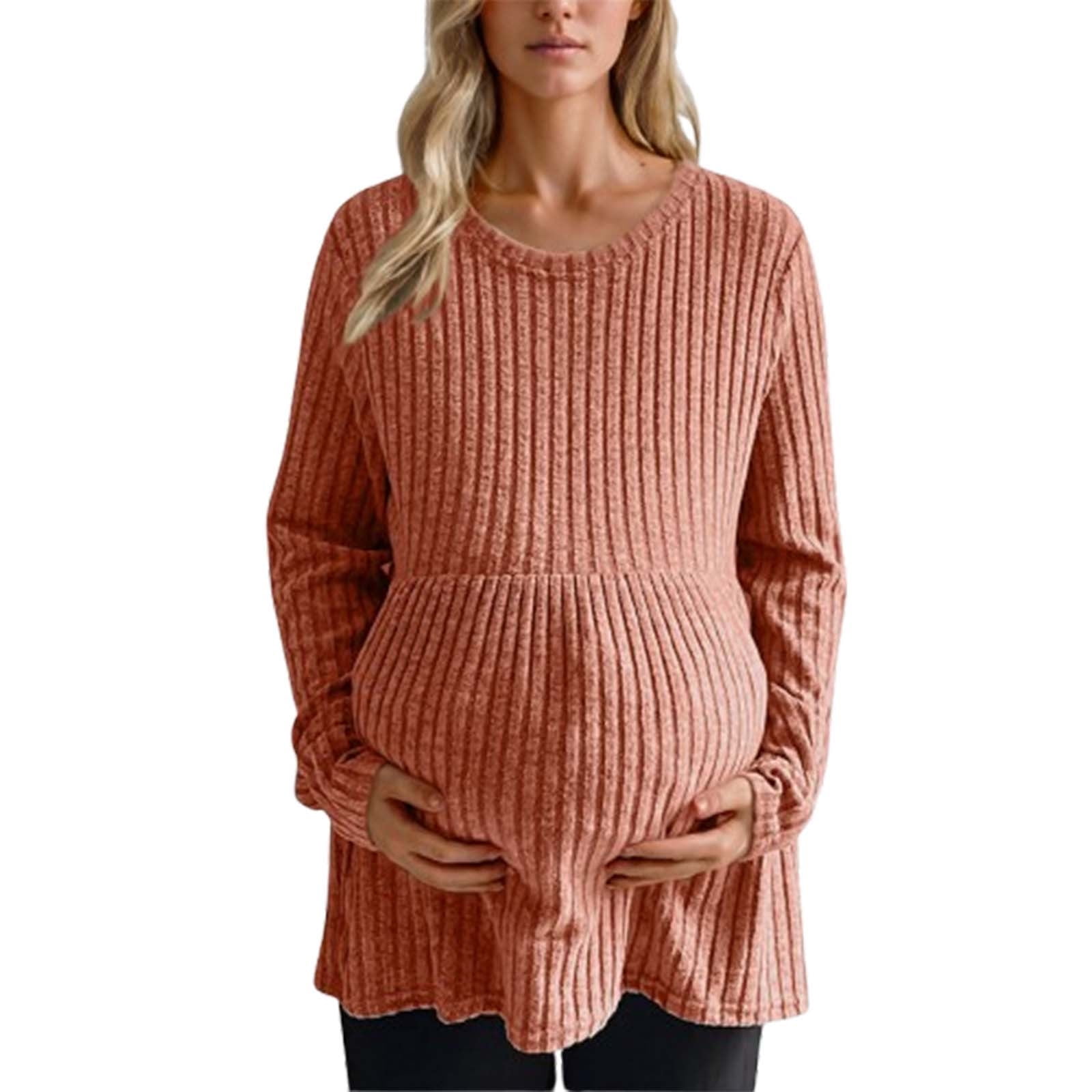 Htigea Womens Maternity Tops Ribbed Knitted Long Sleeve Pregnancy Crewneck Peplum T Shirts Pregnant Fall Clothes Orange M