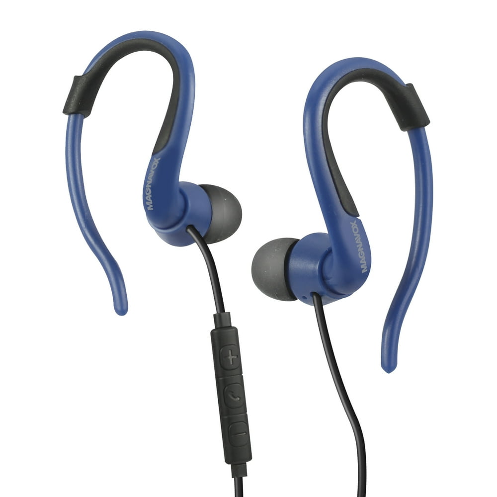 Magnavox Blue Earhook Headphones with Microphone & Optical Fiber Cable