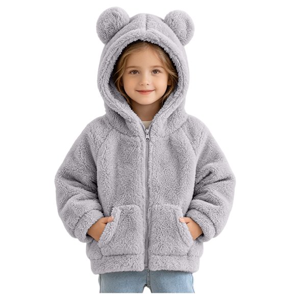 KICILVS Girls Fleece Jacket with Hood Zip Up Bear Ears Long Sleeve Cozy Winter Warm Casual Outwear Coat with Pockets