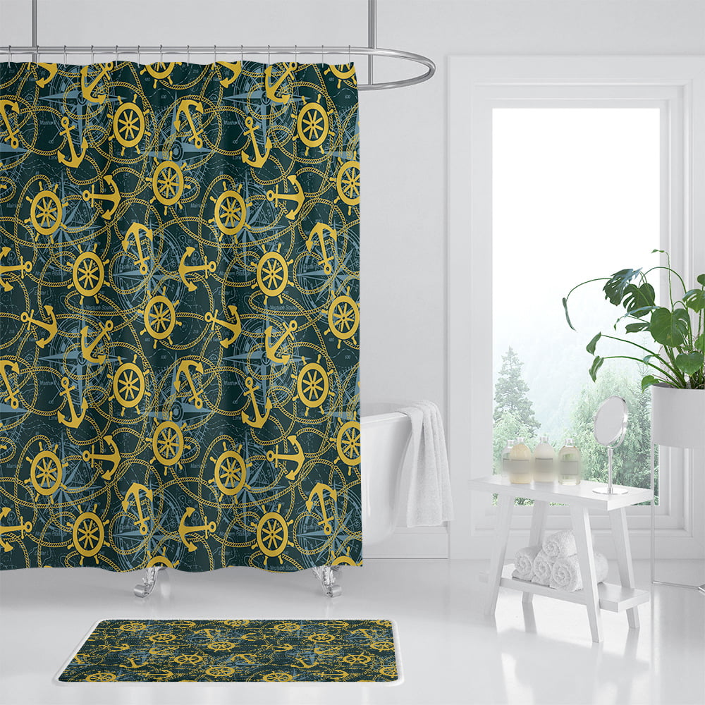 Gold Anchor on Black Fabric Shower Curtain Set 71X71" Bathroom Polyester Liner 