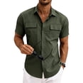thumbnail image 4 of Men's Linen Short Sleeve Button Down Shirt, Casual Lapel Collar Double Chest Pockets Summer Beach Work Shirts for Men, S-3XL, 4 of 7