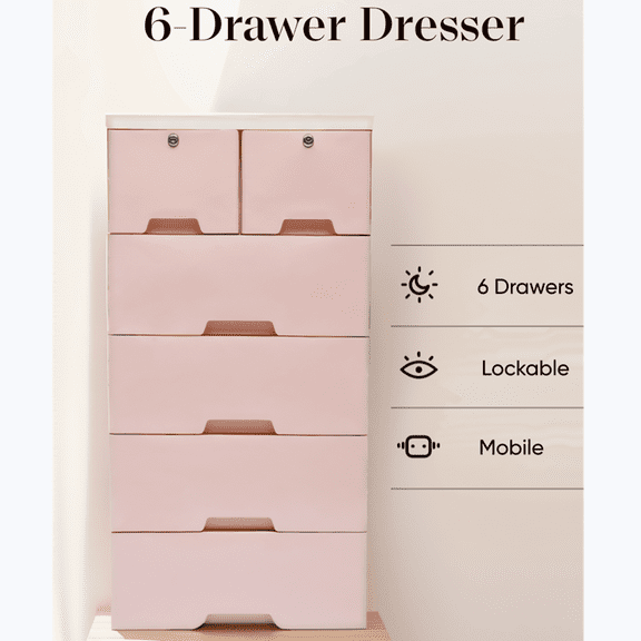 6 Drawers Dresser Chest, Freestanding 5-Layer Plastic Storage Cabinet Tower with Lock and Wheels for Living Room Bedroom Children's Room Pink