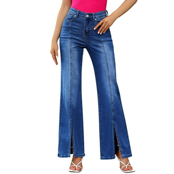 LWavelet Womens Side Slit Flared Jeans High Waisted Daily Casual Denim Pants Dark Blue M