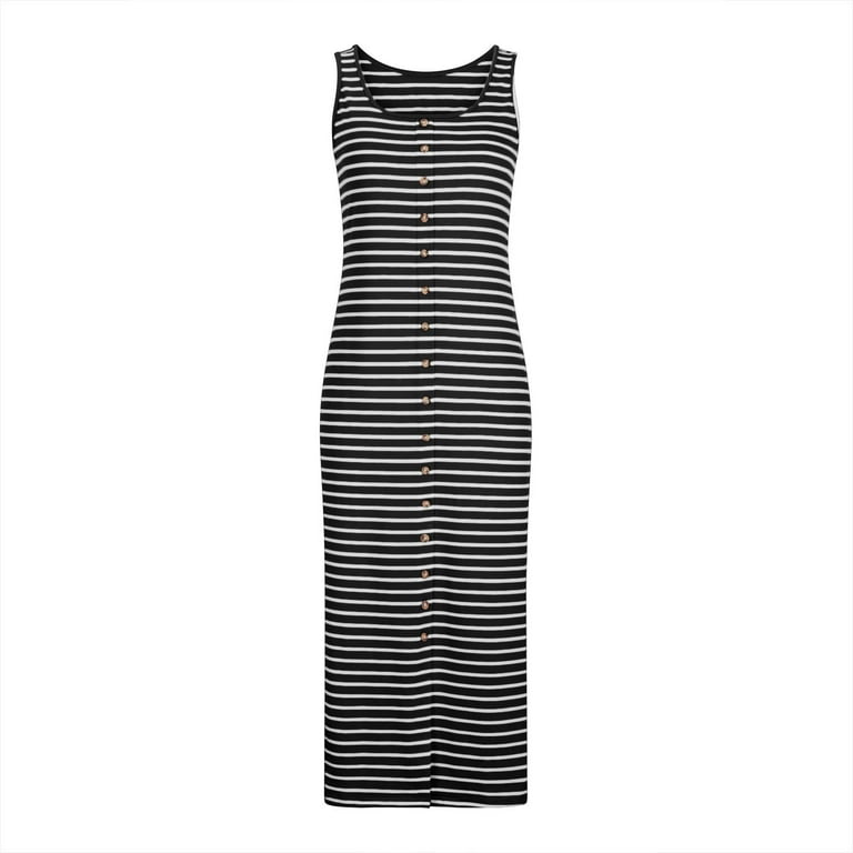 BRGZLK Women Tank Midi Dresses Stripe Print Button Slit Sleeveless Round  Neck Dress U Neck Bodycon Slim Summer Beach Vocation Soft Cozy Dresses Black  S - Walmart.com