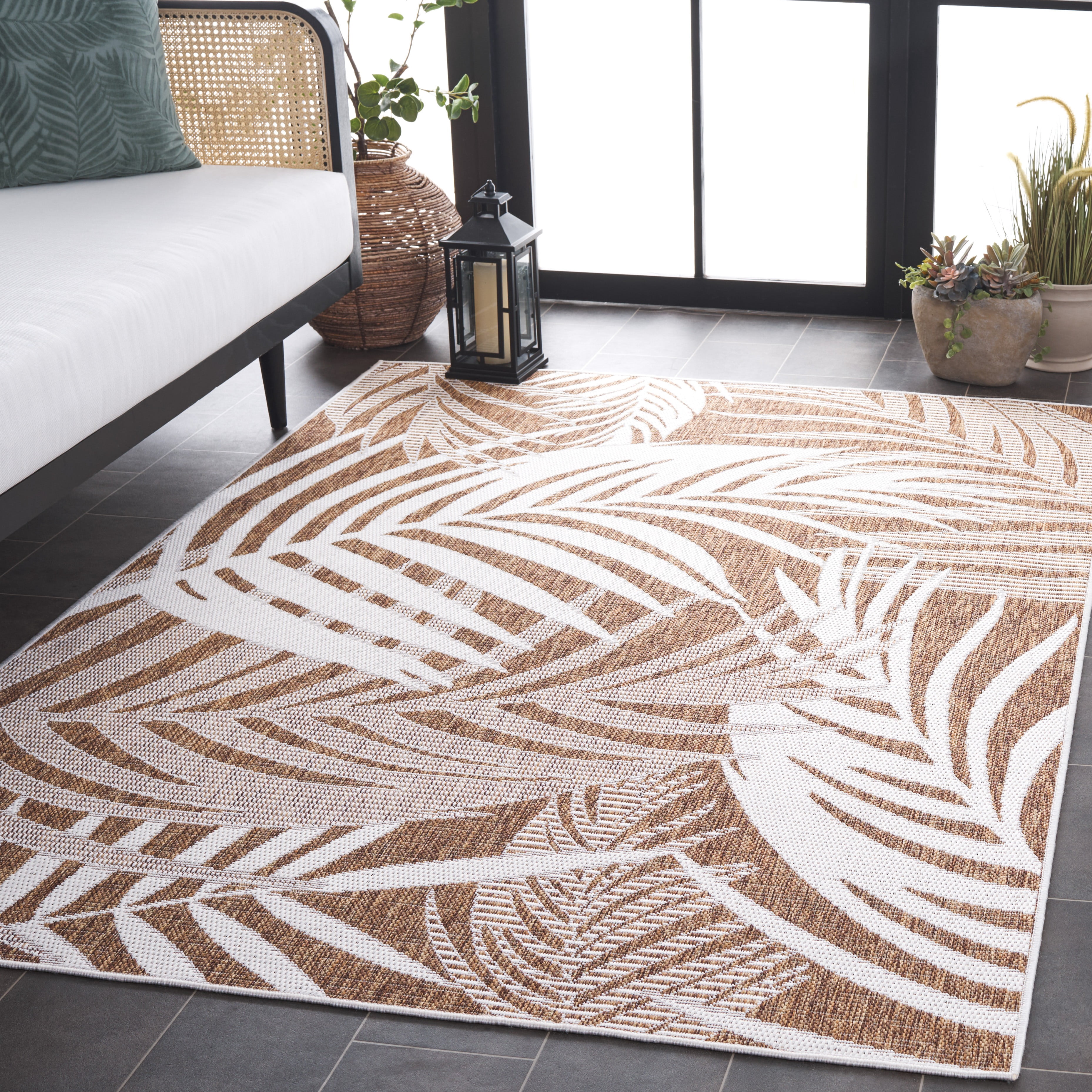 SAFAVIEH Beach House Kaeden Botanical Indoor/Outdoor Area Rug, Brown/Ivory, 8' x 10'
