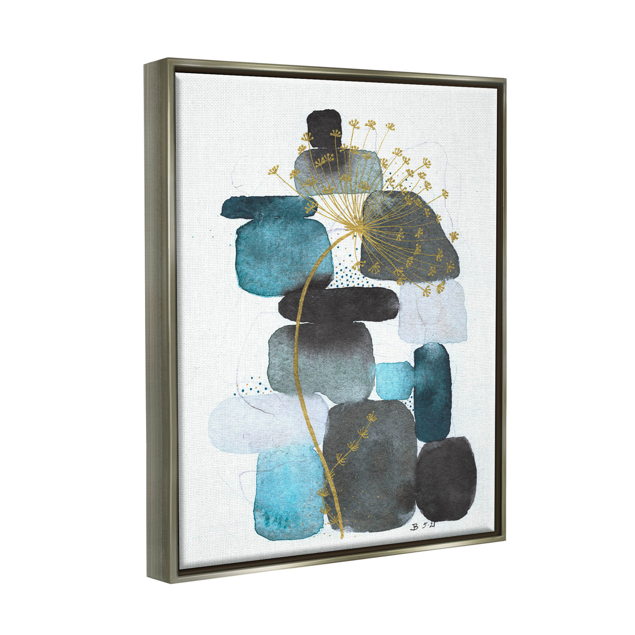 Blue Nature Rocks Dandelion Abstract Graphic Art Luster Gray Framed Art Print Wall Art