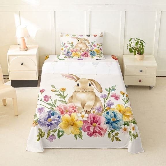 Erosebridal 3-Piece Easter Rabbit Twin Sheet Set For Teens, Colorful Flowers Bedding For Children Kids Breathable Home Decor