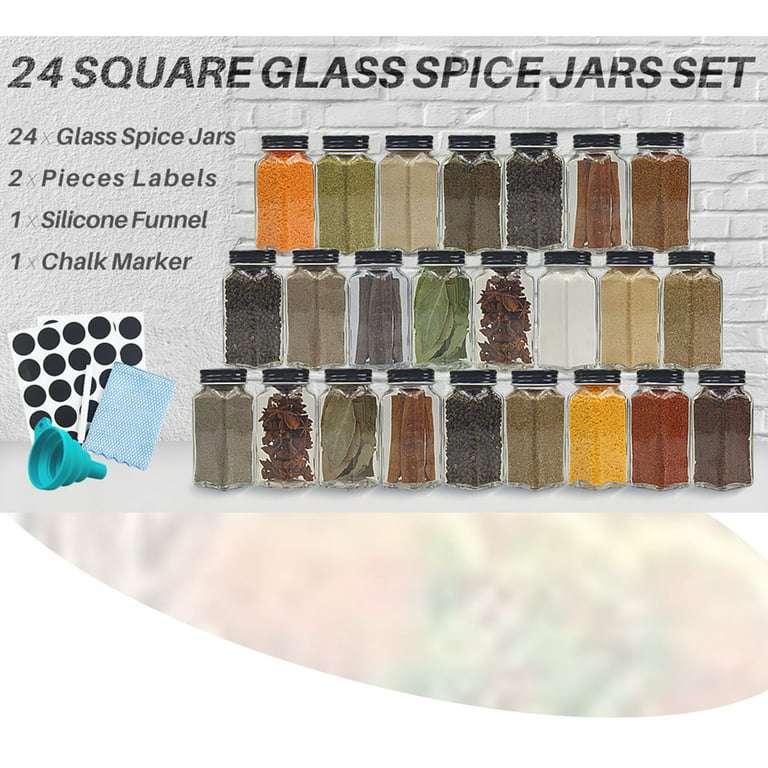 24 Pack Glass Spice Jars with Metal Lids, 4oz Empty Square Spice Containers  with Labels and Shaker Lids, Spice Bottles for Spice Rack, Cabinet, - Chalk  Marker,Cleaning Cloth and Funnel Included 