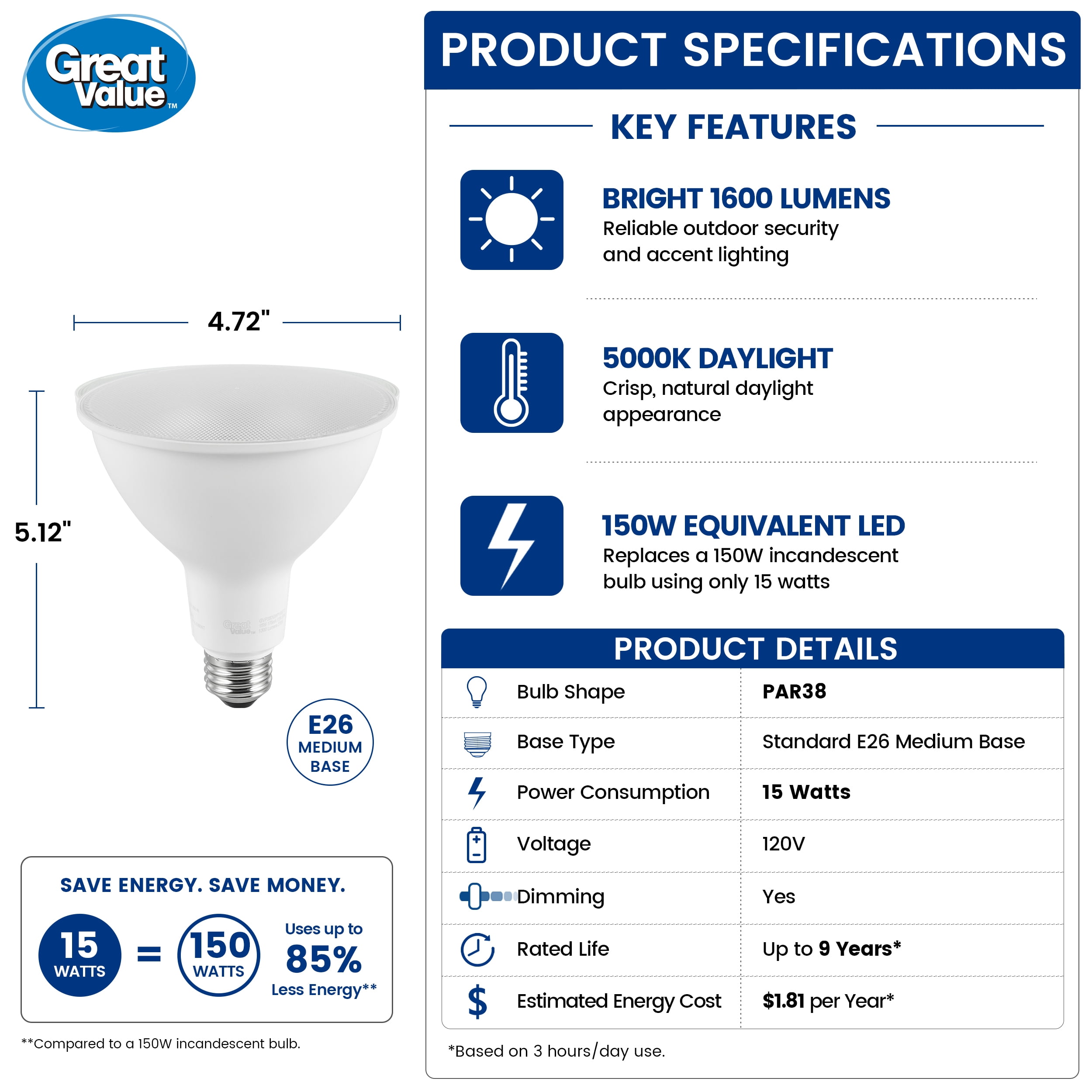 Great Value PAR38 LED Flood Light Bulbs, 15-Watt (150W Equivalent), Daylight White, Dimmable, E26 (2Pack)