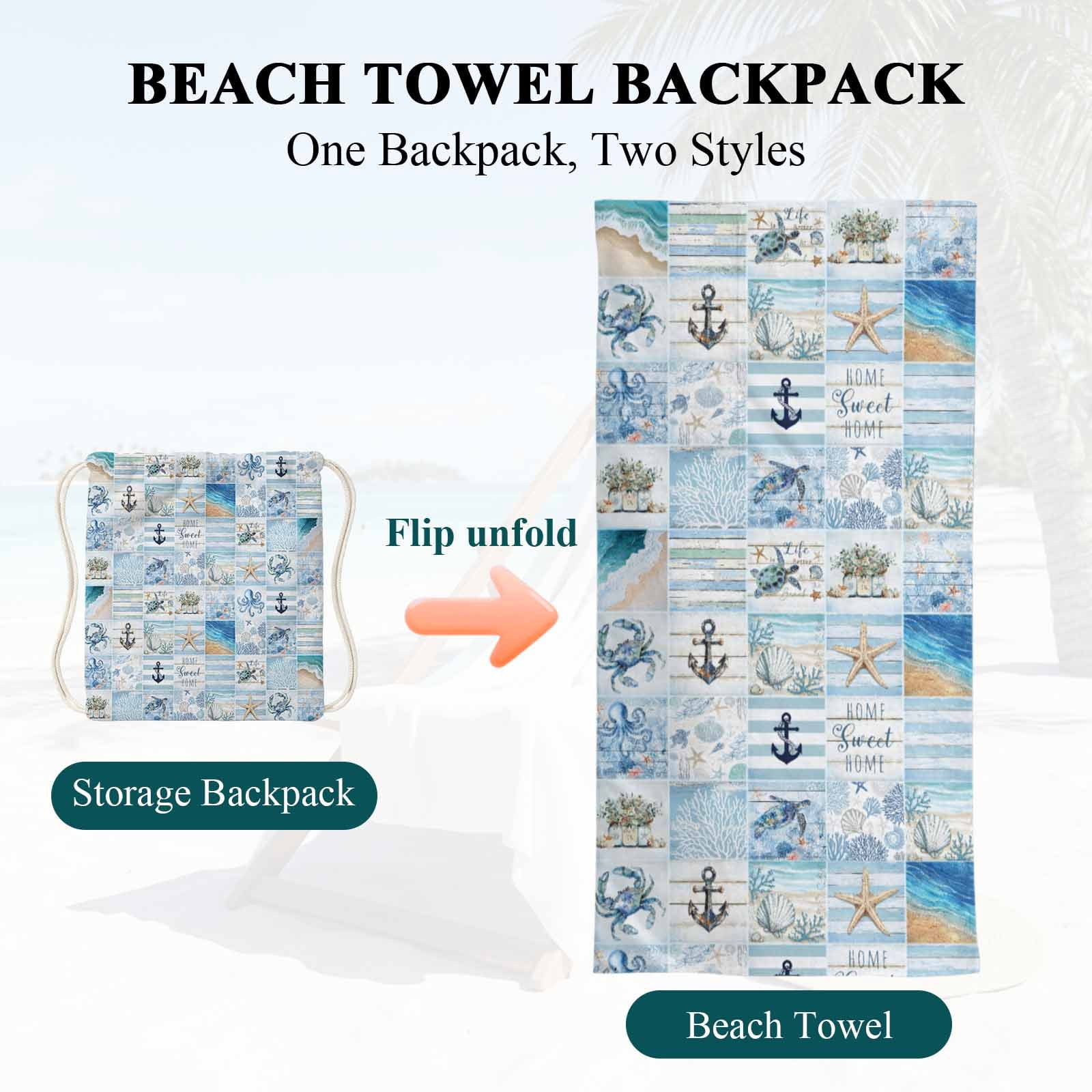 Beach Towel Bag 2 in 1 Anchor Marine Life Bath Pool Towels Backpack Ocean Beach Blue Plaid Absorbent Beach Towel Soft Quick Dry Lightweight Towels Drawstring Bag for Travel Camping Sports Picnic