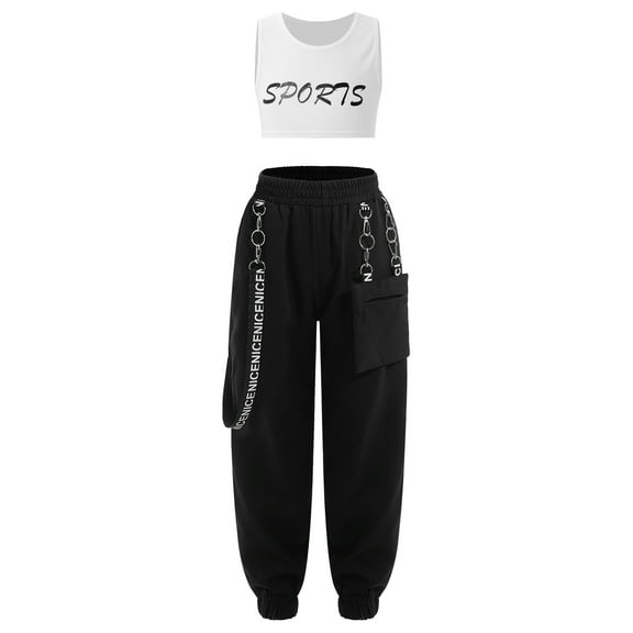 iEFiEL Girls Sleeveless Letters Printed Crop Top with Chain Pocket Pants for Street Dance Hip-Hop Performance Workout Training Ivory 8