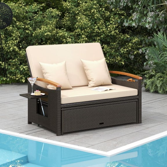Chateauy Folding Outdoor Wicker Daybed Set with Storage Ottoman – Convertible Patio Daybed, 3-Position Adjustable Backrest, Weather-Resistant Rattan Sofa for Balcony, Deck, Porch
