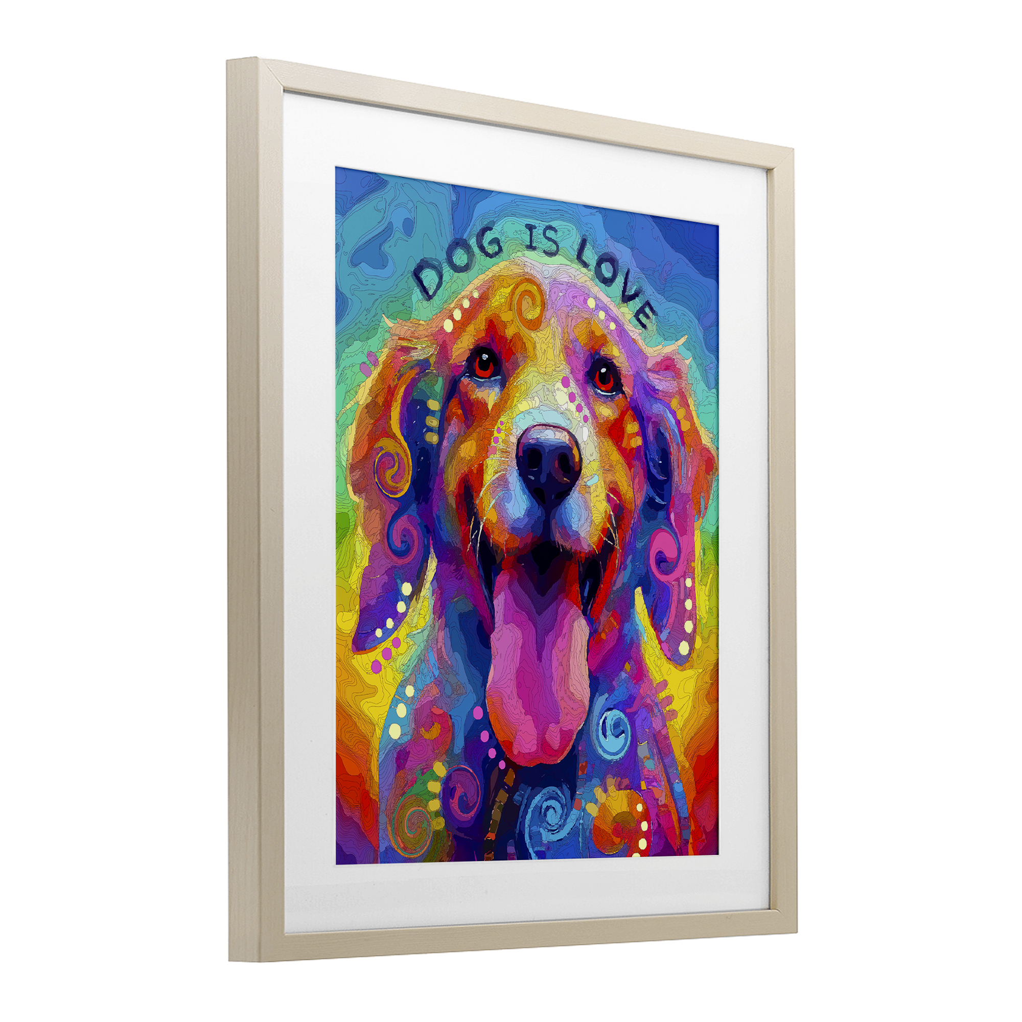 Dog Is Love Swirled Pattern Birch Framed Print Under Glass, design by Dean Russo- Evolution Collection