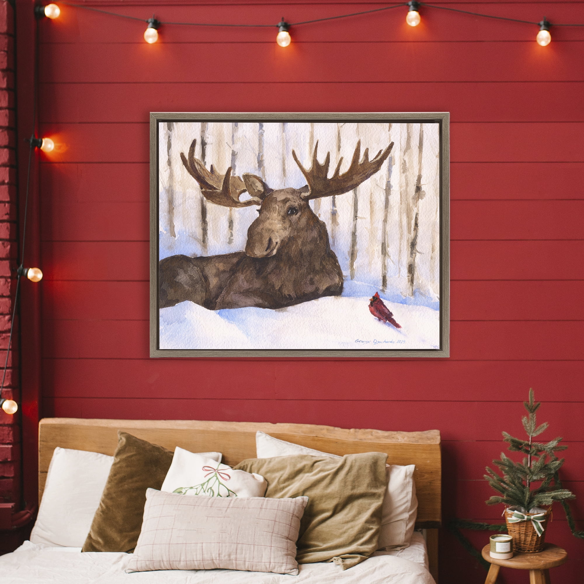 Stupell Industries Moose & Red Cardinal Brown Framed Floater Canvas Wall Art, design by George Dyachenko