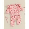 thumbnail image 3 of WIFORNT Toddler Girls 2PCS Fall Sets Long Sleeve O Neck Bow Heart Print Tops Drawstring Pants Set, 3 of 8