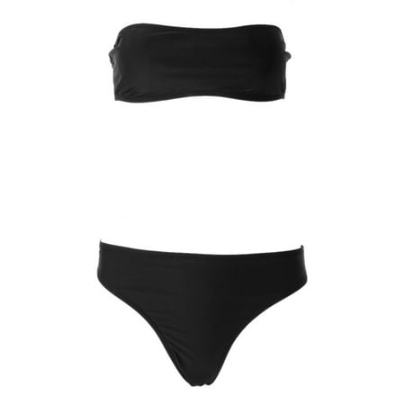 Women Strapless Push Up Bra and Briefs Bikini Solid Color Mid Waist Swimsuit Two Pieces Brazilian Bathing Suit Beachwear